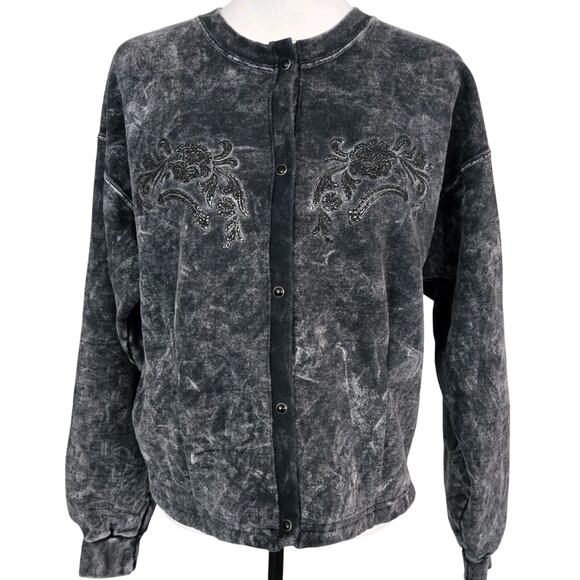 Vtg 1990s Stoneage Rockwear Stonewashed Embellished Rhinestone Snap Sweater Sz M - Picture 1 of 12